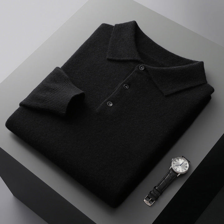 Textured Collar Button Placket Ribbed Cuff Long Sleeve Knit Polo