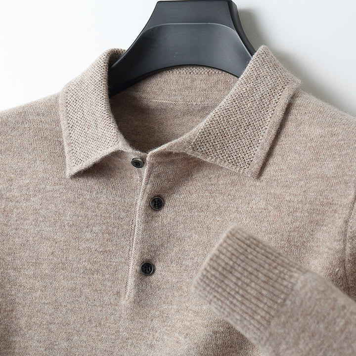 Textured Collar Button Placket Ribbed Cuff Long Sleeve Knit Polo
