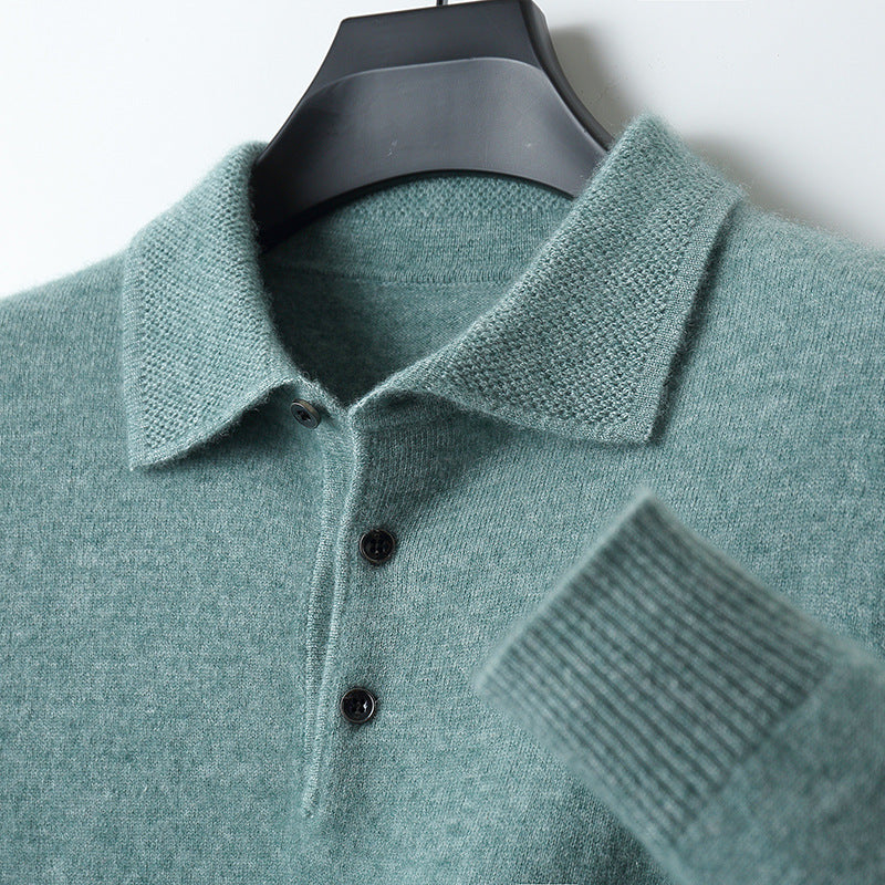 Textured Collar Button Placket Ribbed Cuff Long Sleeve Knit Polo