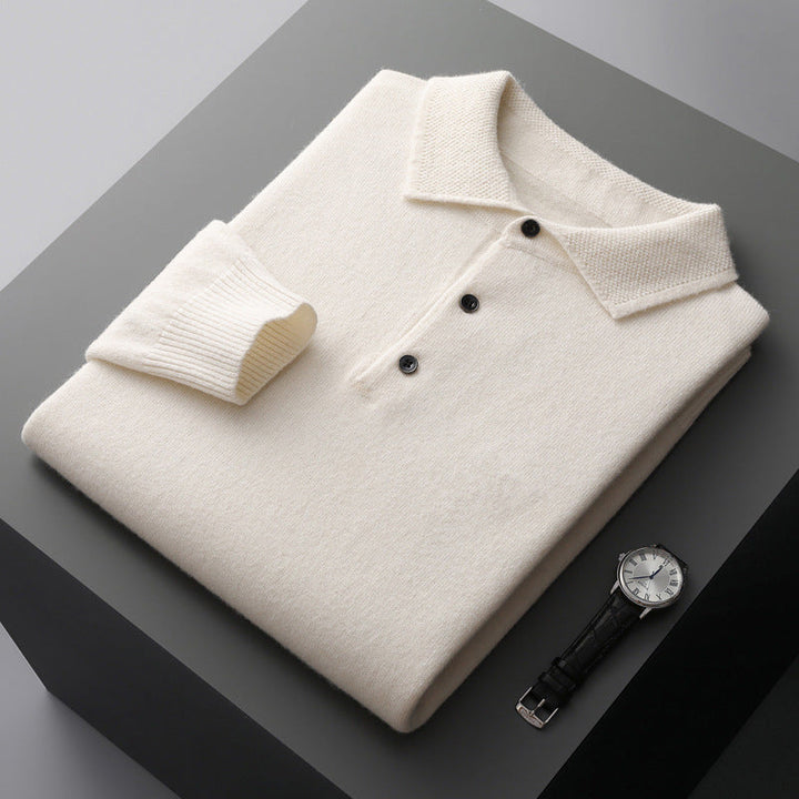 Textured Collar Button Placket Ribbed Cuff Long Sleeve Knit Polo