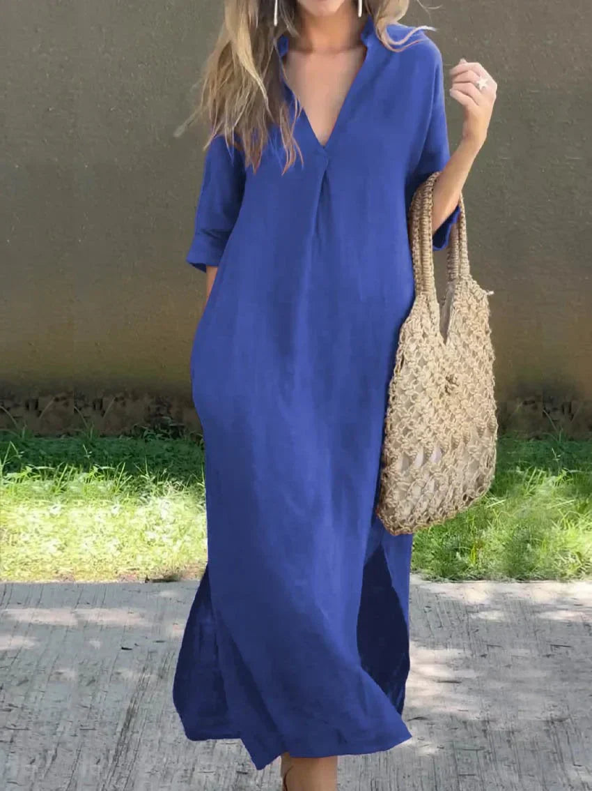 V Neck Linen Casual Maxi Dress - Relaxed Summer Style