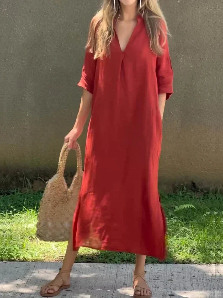 V Neck Linen Casual Maxi Dress - Relaxed Summer Style