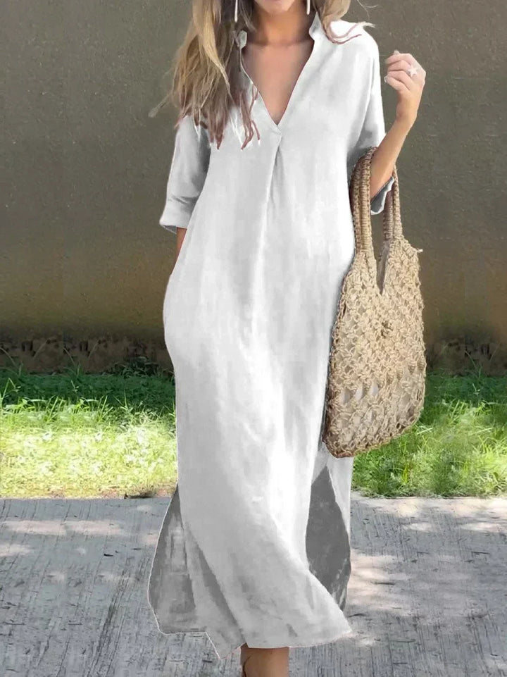 V Neck Linen Casual Maxi Dress - Relaxed Summer Style