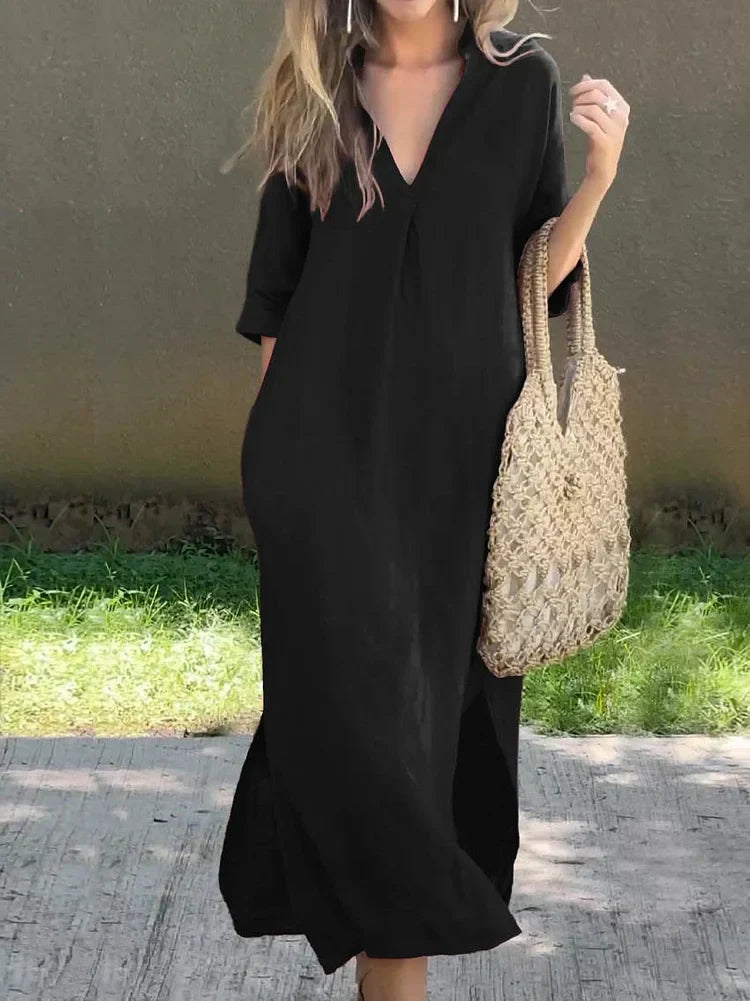 V Neck Linen Casual Maxi Dress - Relaxed Summer Style