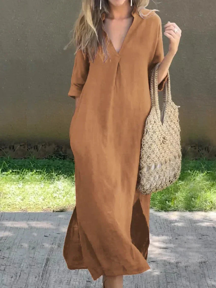 V Neck Linen Casual Maxi Dress - Relaxed Summer Style