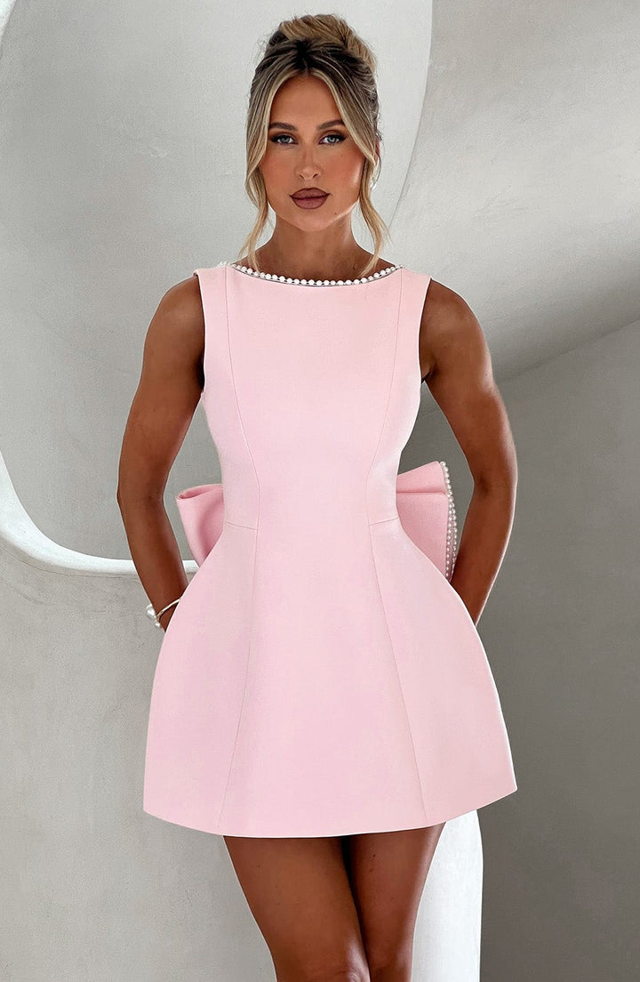 Pearl Trim Bow A-Line Homecoming Dress