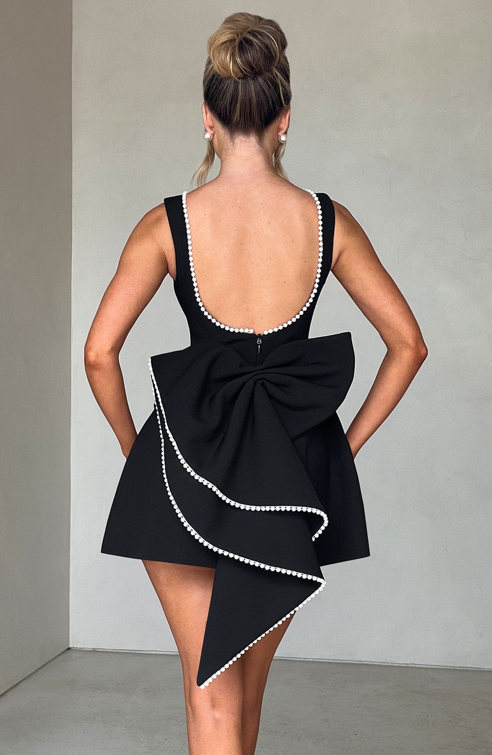 Pearl Trim Bow A-Line Homecoming Dress