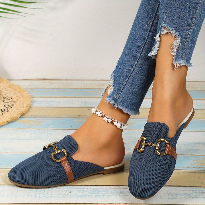 Horsebit Buckle Knit Slip On Backless Loafers Women