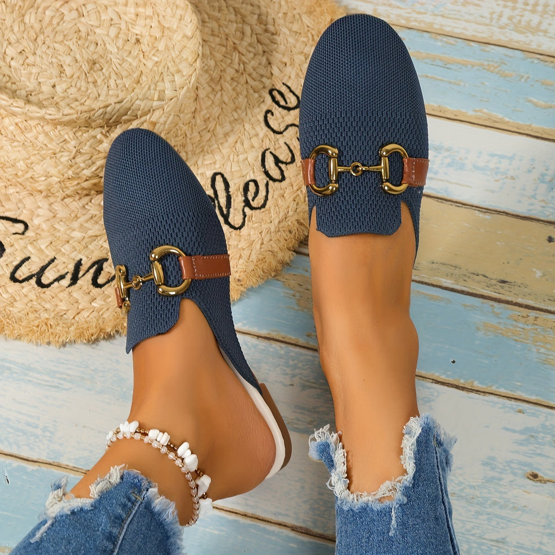 Horsebit Buckle Knit Slip On Backless Loafers Women