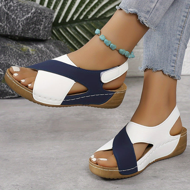 Two Tone Cross Strap Hook & Loop Wedge Sandals Women