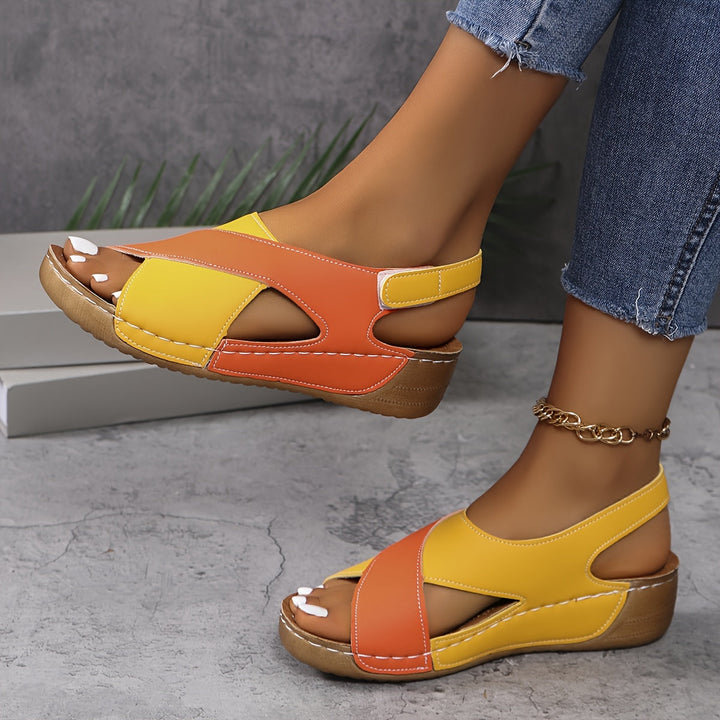 Two Tone Cross Strap Hook & Loop Wedge Sandals Women