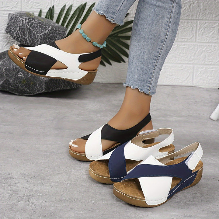 Two Tone Cross Strap Hook & Loop Wedge Sandals Women