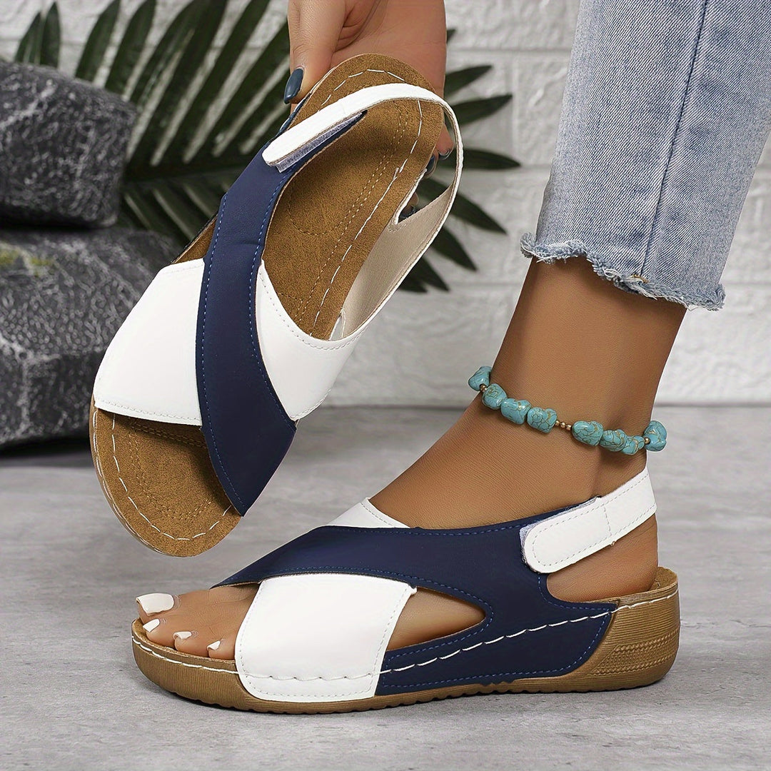 Two Tone Cross Strap Hook & Loop Wedge Sandals Women