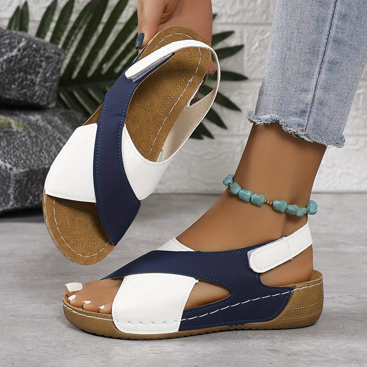 Two Tone Cross Strap Hook & Loop Wedge Sandals Women