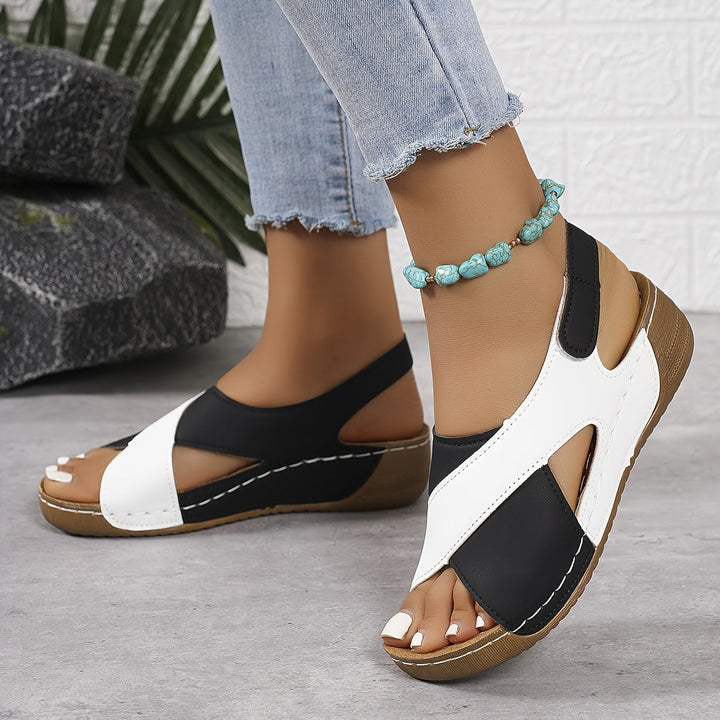 Two Tone Cross Strap Hook & Loop Wedge Sandals Women