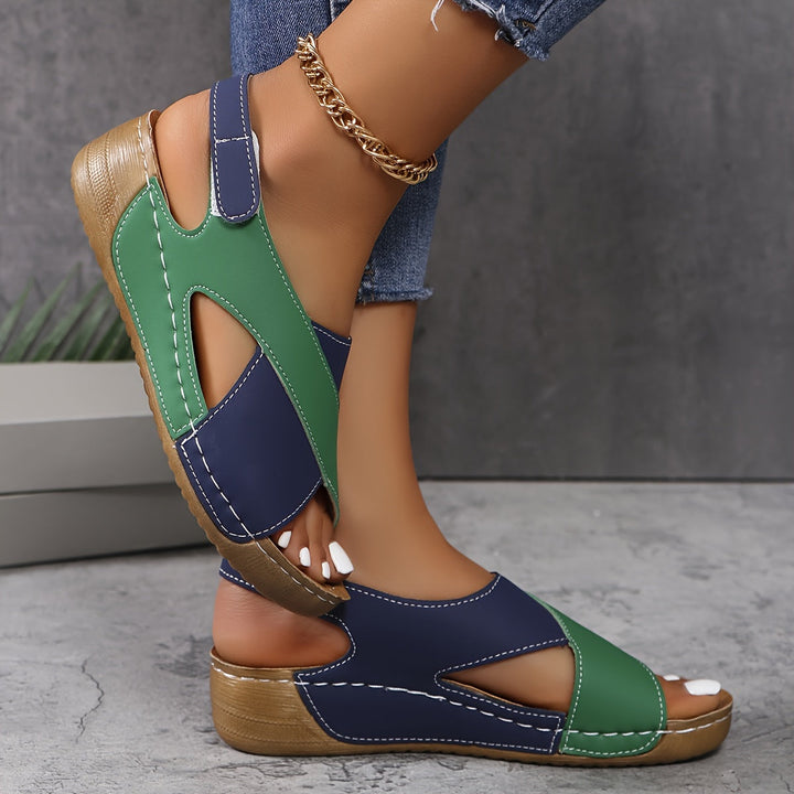 Two Tone Cross Strap Hook & Loop Wedge Sandals Women