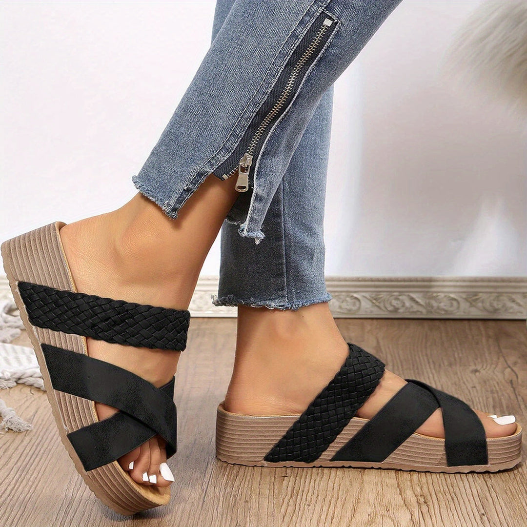 Woven Cross Strap Open Toe Platform Wedge Mules Women