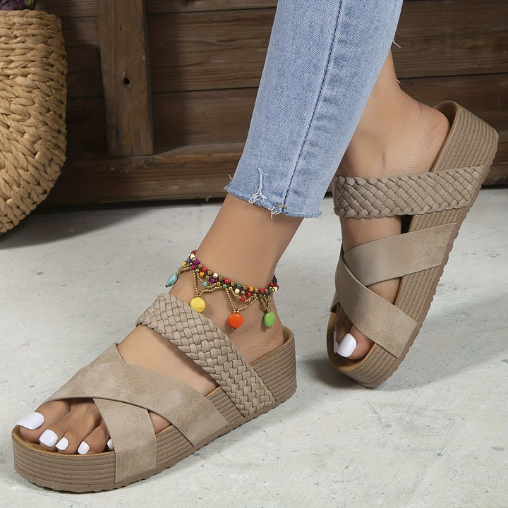 Woven Cross Strap Open Toe Platform Wedge Mules Women