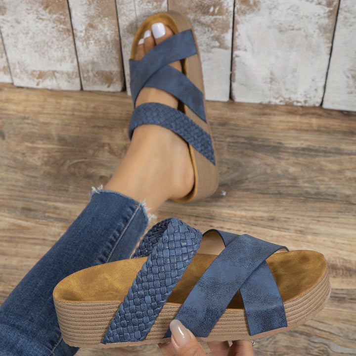 Woven Cross Strap Open Toe Platform Wedge Mules Women