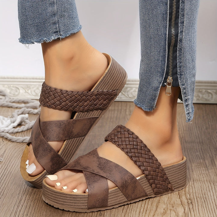 Woven Cross Strap Open Toe Platform Wedge Mules Women