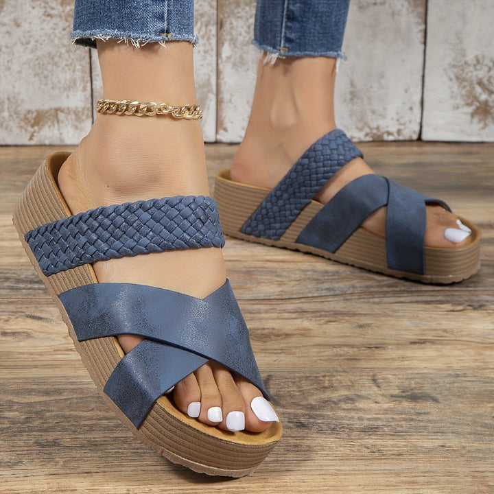 Woven Cross Strap Open Toe Platform Wedge Mules Women