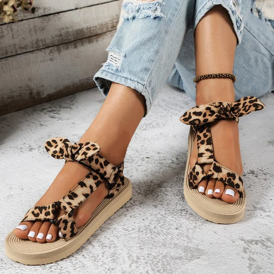Leopard Print Bow Ankle Strap Flatform Sandals Women