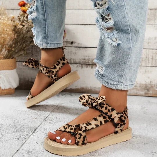 Leopard Print Bow Ankle Strap Flatform Sandals Women