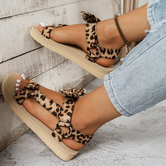 Leopard Print Bow Ankle Strap Flatform Sandals Women