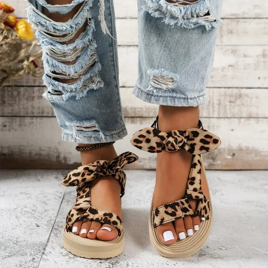 Leopard Print Bow Ankle Strap Flatform Sandals Women