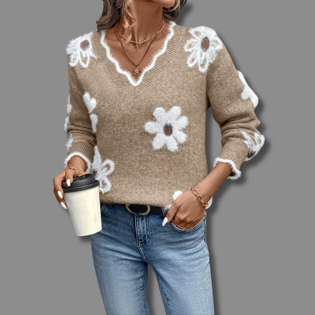 Marguerite | Women's V-Neck Sweater with Fuzzy Daisy Applique