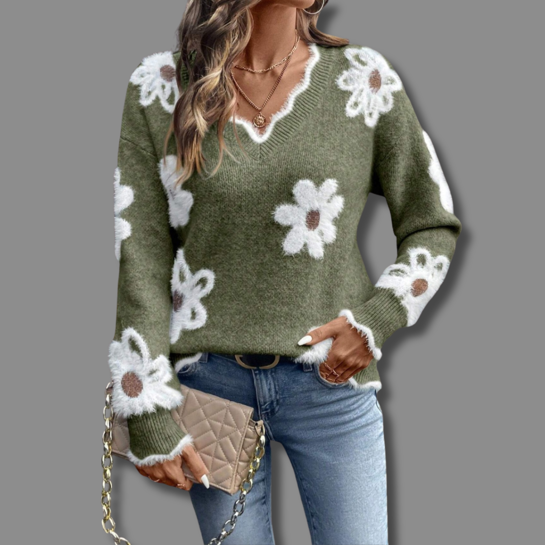 Marguerite | Women's V-Neck Sweater with Fuzzy Daisy Applique
