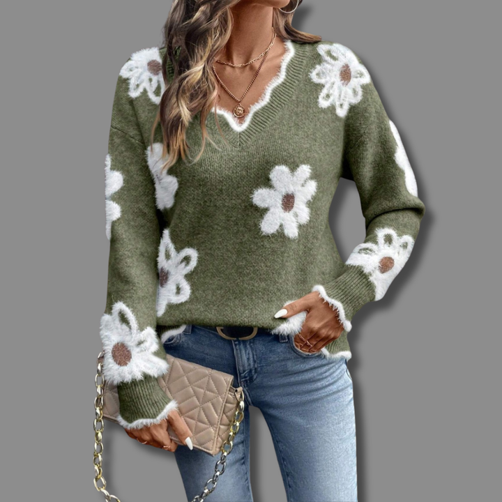 Marguerite | Women's V-Neck Sweater with Fuzzy Daisy Applique