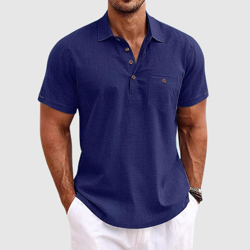Short Sleeve Chest Pocket Popover Casual Linen Polo