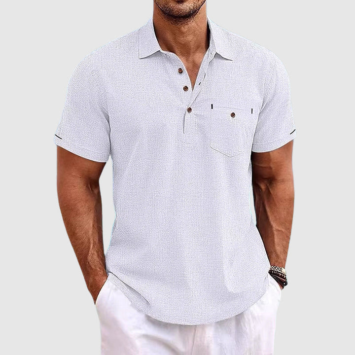 Short Sleeve Chest Pocket Popover Casual Linen Polo