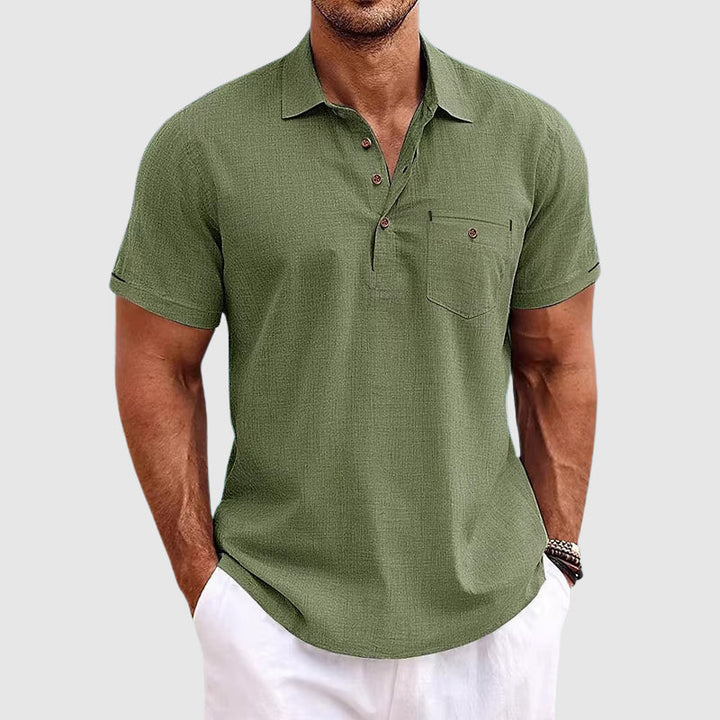 Short Sleeve Chest Pocket Popover Casual Linen Polo