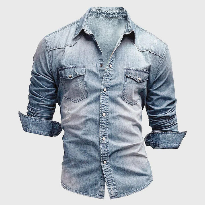Washed Dual Chest Pocket Long Sleeve Slim Fit Denim Shirt