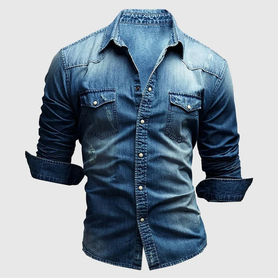 Washed Dual Chest Pocket Long Sleeve Slim Fit Denim Shirt