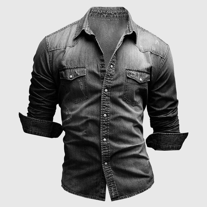 Washed Dual Chest Pocket Long Sleeve Slim Fit Denim Shirt