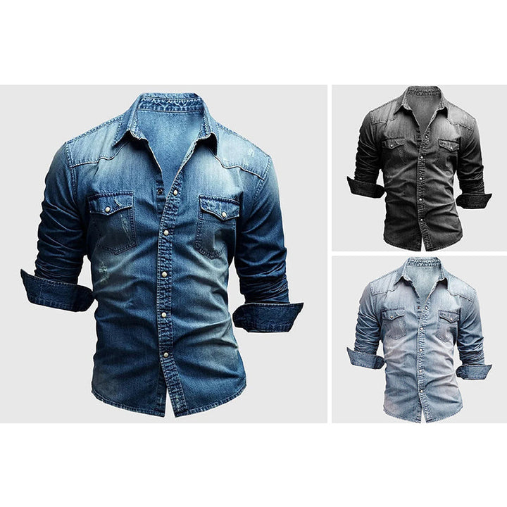 Washed Dual Chest Pocket Long Sleeve Slim Fit Denim Shirt
