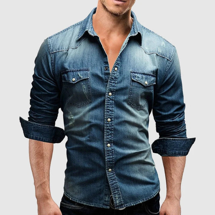 Washed Dual Chest Pocket Long Sleeve Slim Fit Denim Shirt