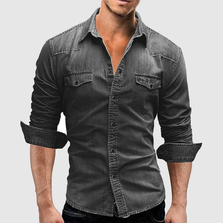 Washed Dual Chest Pocket Long Sleeve Slim Fit Denim Shirt