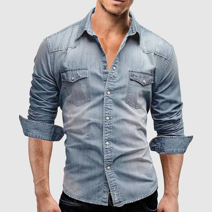 Washed Dual Chest Pocket Long Sleeve Slim Fit Denim Shirt