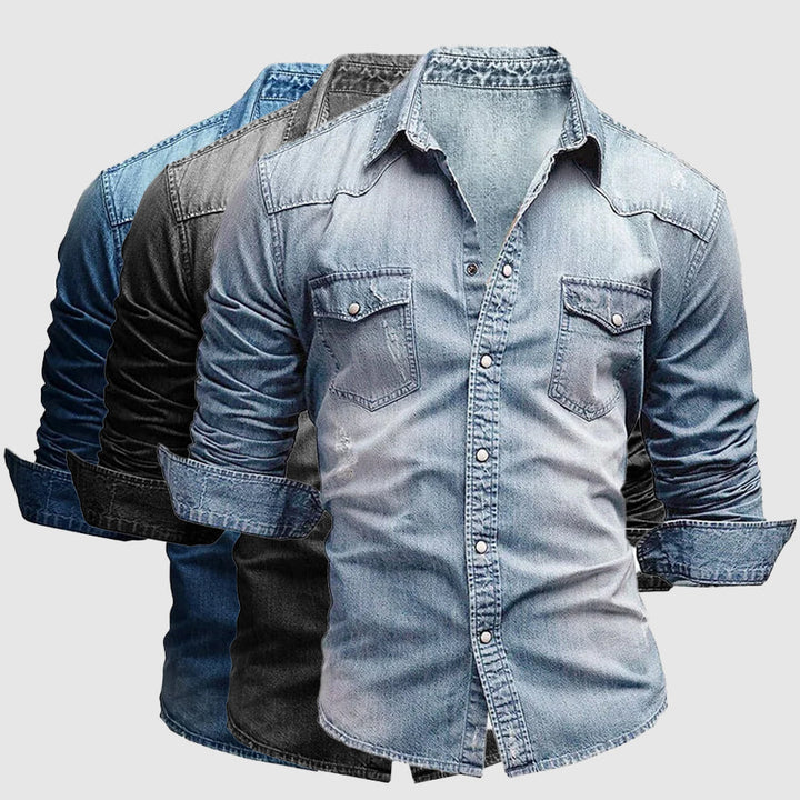 Washed Dual Chest Pocket Long Sleeve Slim Fit Denim Shirt
