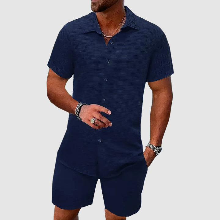 Woven Texture Short Sleeve Shirt and Short Matching Set