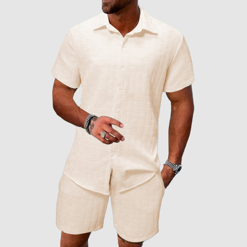 Woven Texture Short Sleeve Shirt and Short Matching Set