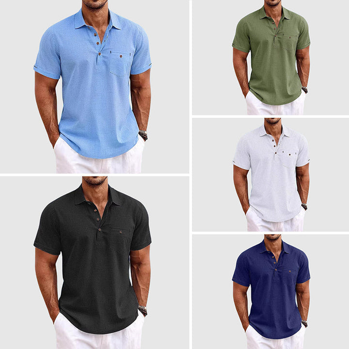 Short Sleeve Chest Pocket Popover Casual Linen Polo