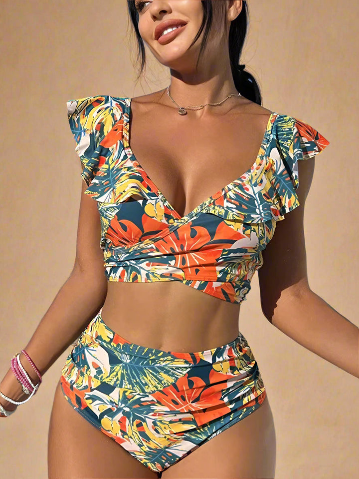 Tropical Floral Ruffle High Waisted Bikini