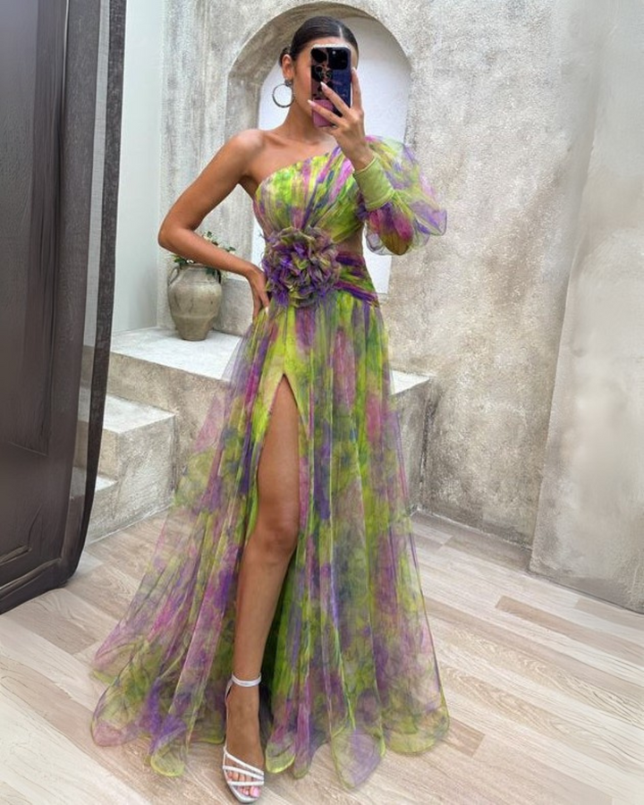 Floral Print One Shoulder Corsage Tulle Split Maxi Dress - Formal Evening Gown