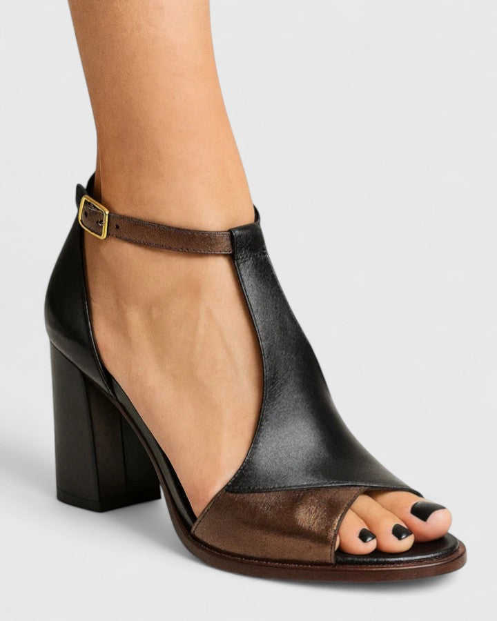 Two Tone Leather Block Heels Women - Ankle Strap Sandals