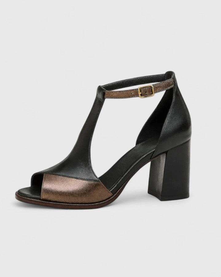 Two Tone Leather Block Heels Women - Ankle Strap Sandals
